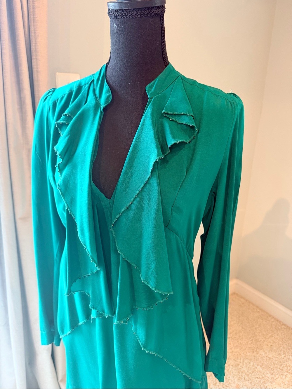 Antik Batik Emerald Ruffle-Front Long Sleeve Silk mini Dress